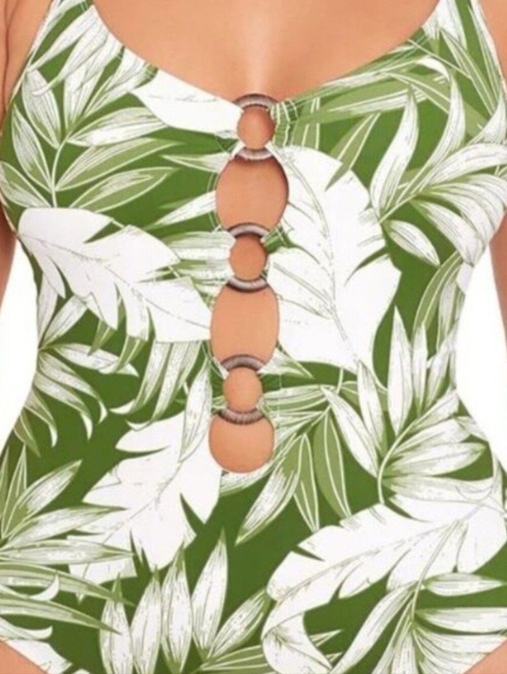 Skinny Dippers San Felipe Green Tropical Leaf  Ring-Detail One-Piece Swimsuit M